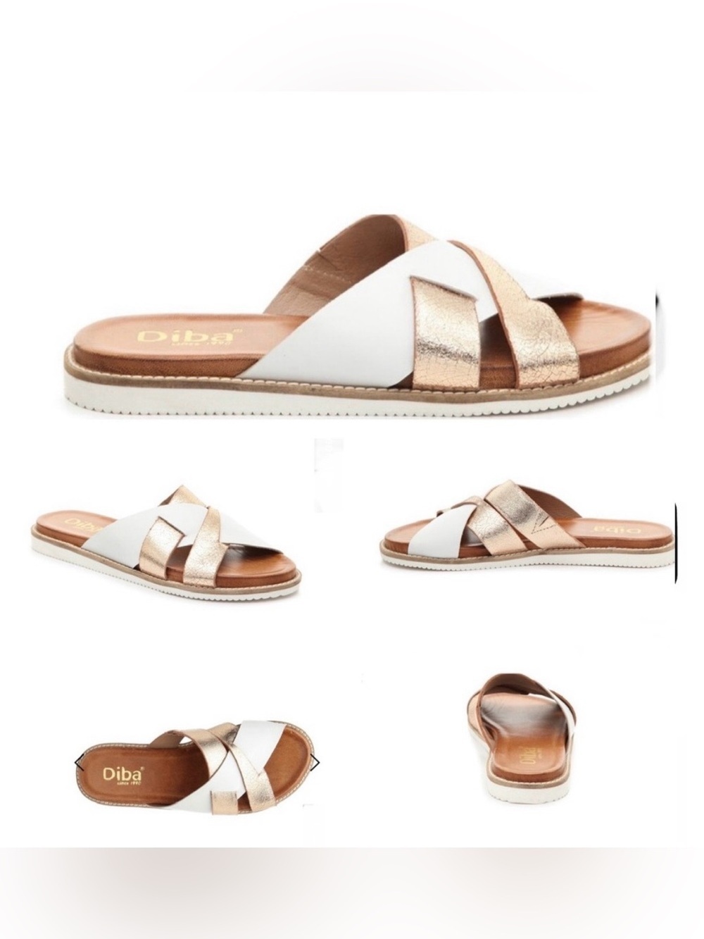 Diba True Flynn White & Rose Gold Leather Crisscross Slide Sandal 6.5